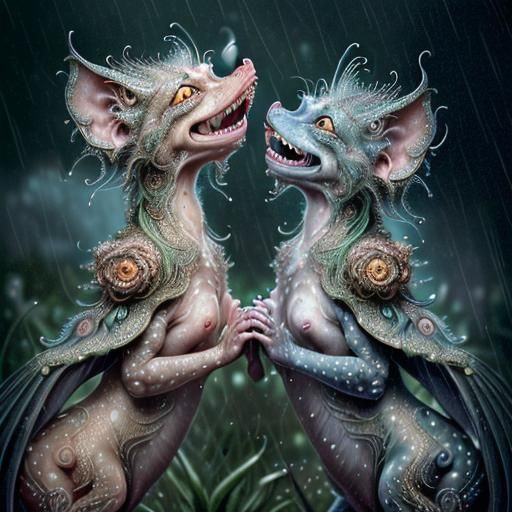 Ornate Hybrid Animals Laughing in the Rain