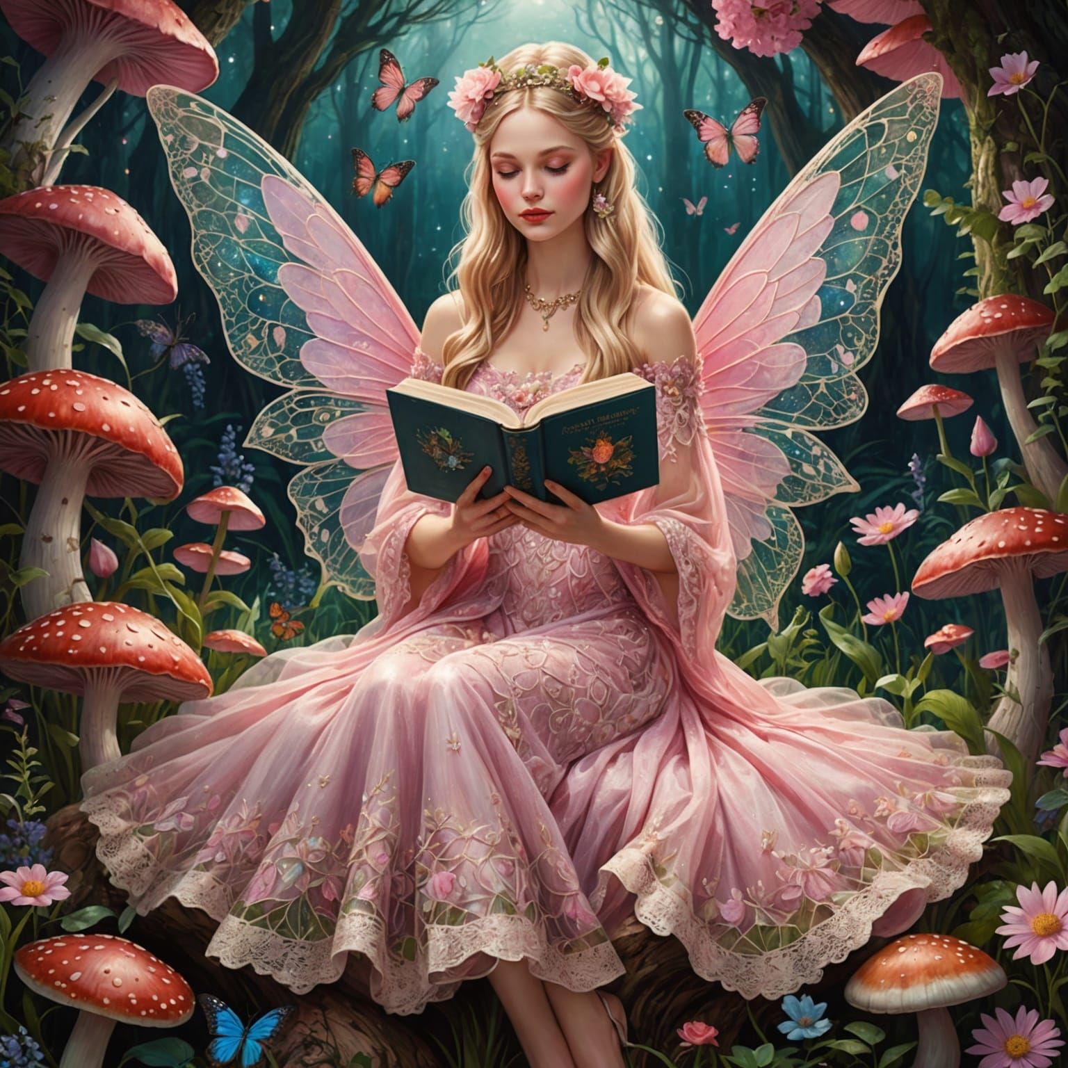 Fairy Reading Book on Mushroom, Cosmic Illustration