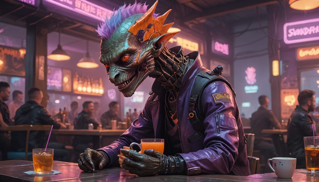 Cyberpunk Alien Android Tea Time