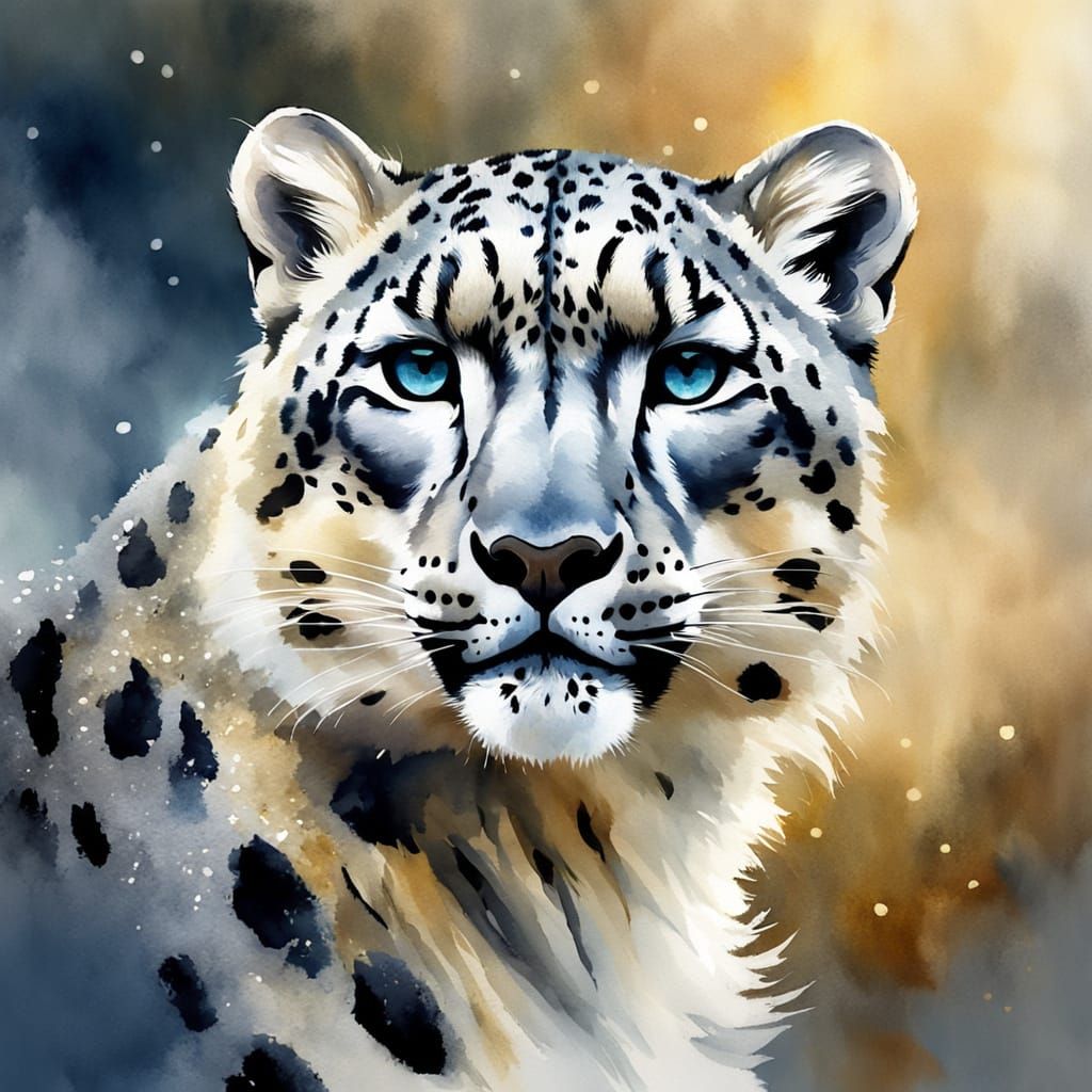 Serene Snow Leopard Portrait in Delicate Watercolour