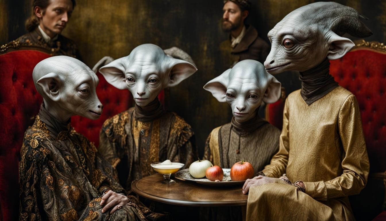 Surreal Alien Celebration in Restaurant, Detailed Digital Ar...