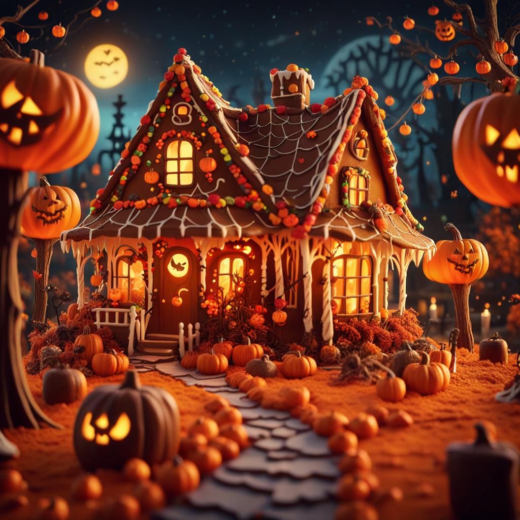 Whimsical Halloween Gingerbread House Village in Autumn