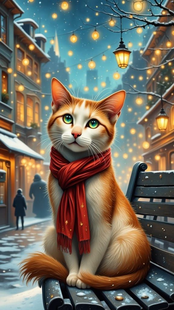 Cat Portrait in City Square with Twinkling Lights