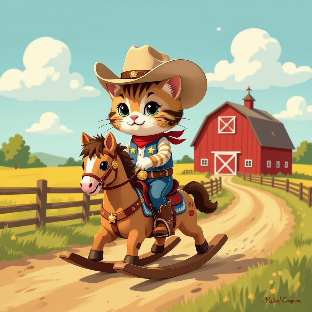 Cartoon Cat Cowboy Rides Rocking Horse by Barn