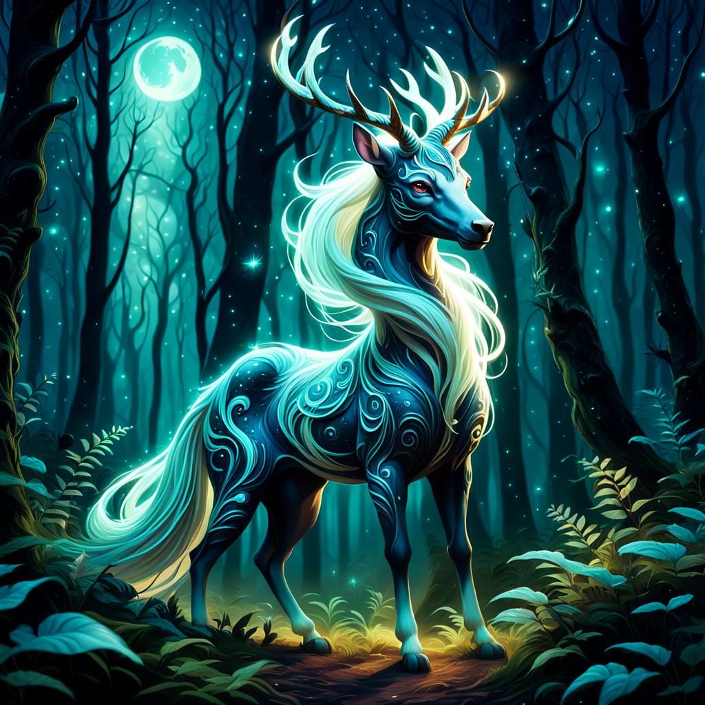 Glowing Mythical Creature in Moonlit Forest