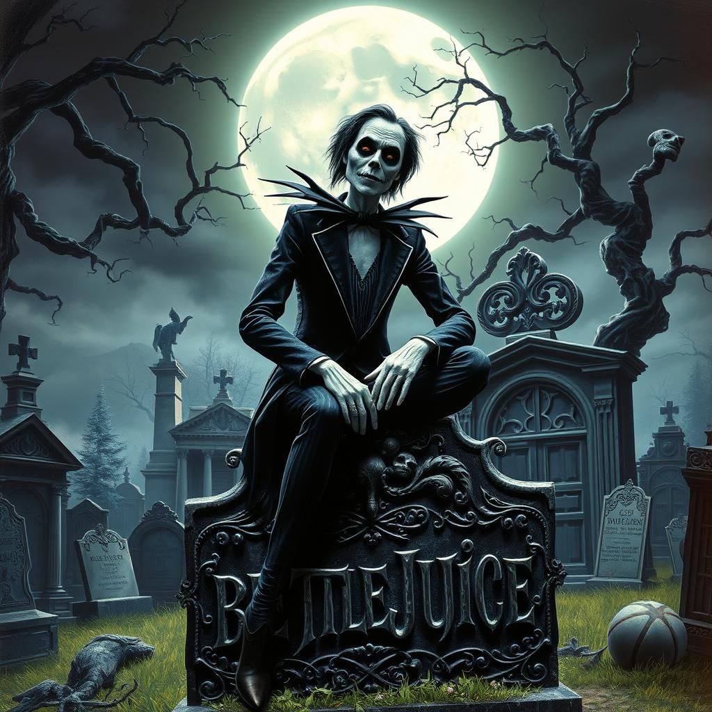 Beetlejuice in Victorian Cemetery, Hyper-Realistic Holograph...