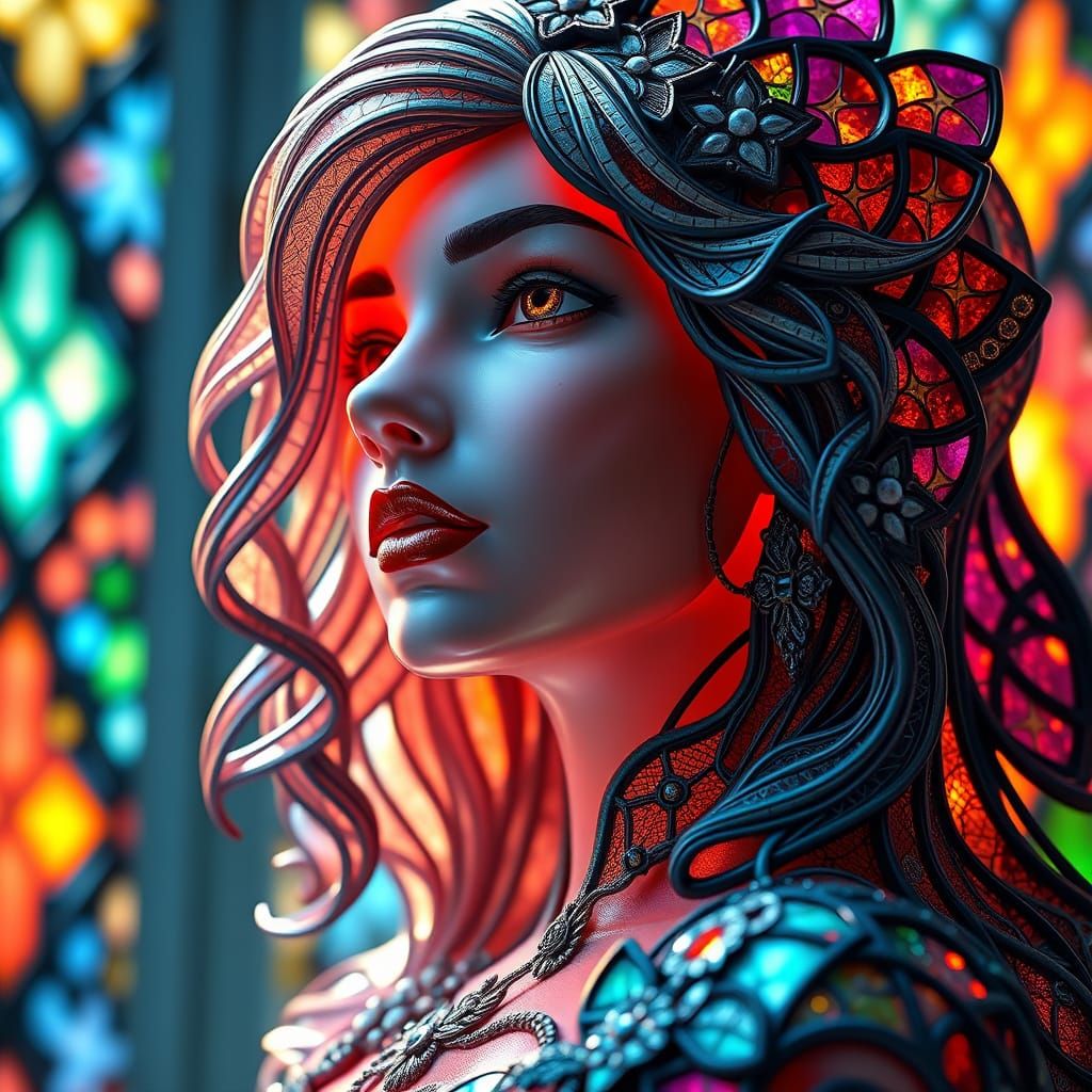 Stained Glass Goddess in Gothic Splendor