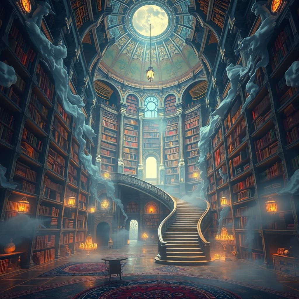 Celestial Library: Dreamlike Surrealist Landscape