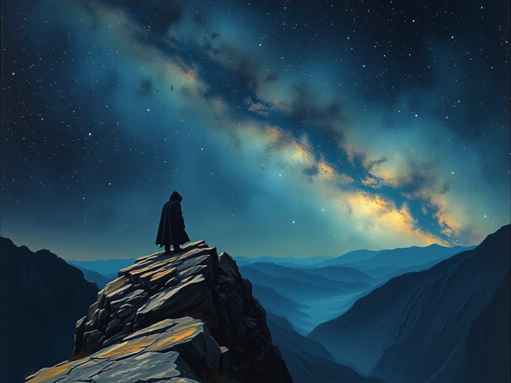 Dramatic Starry Night with Cloaked Figure