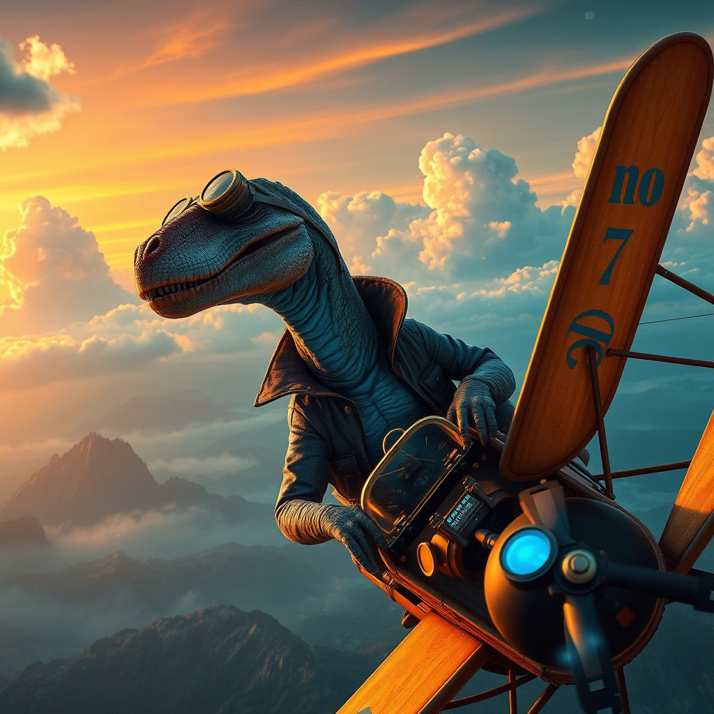 Dinosaur Aviator Soaring in Steampunk Biplane