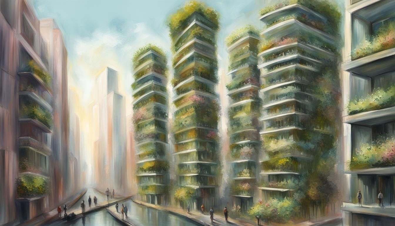 Urban City with Vertical Gardens in Impressionistic Style