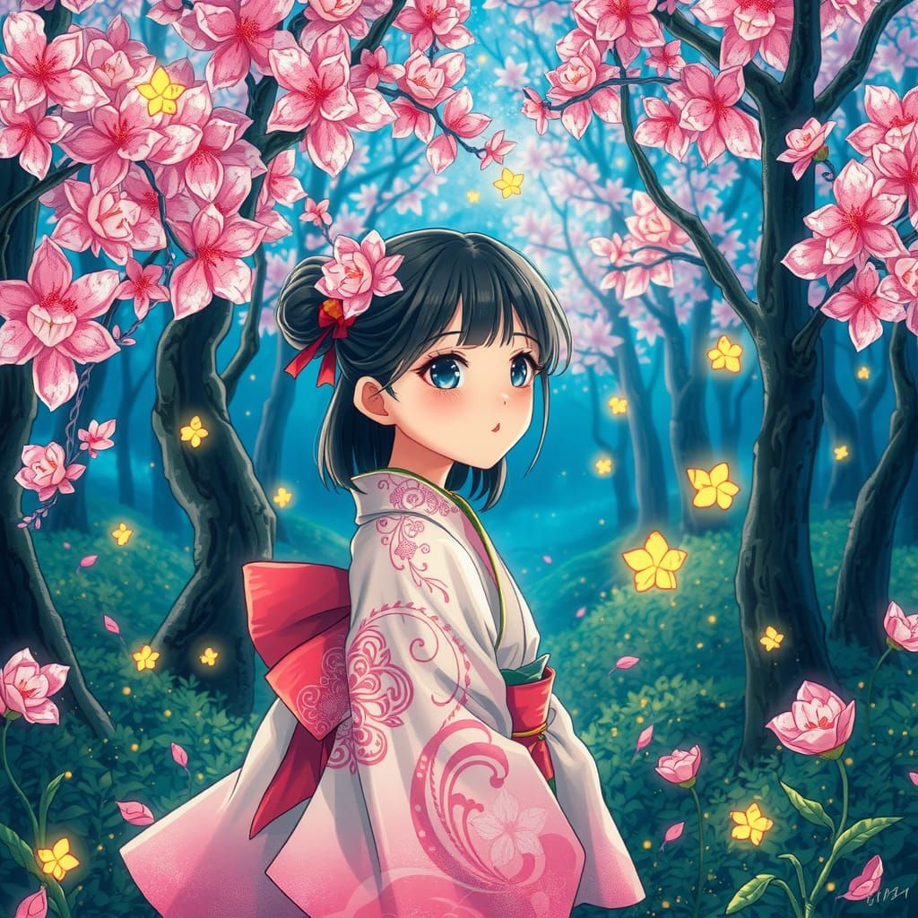 Anime Heroine in Ethereal Forest, Pointillist Style