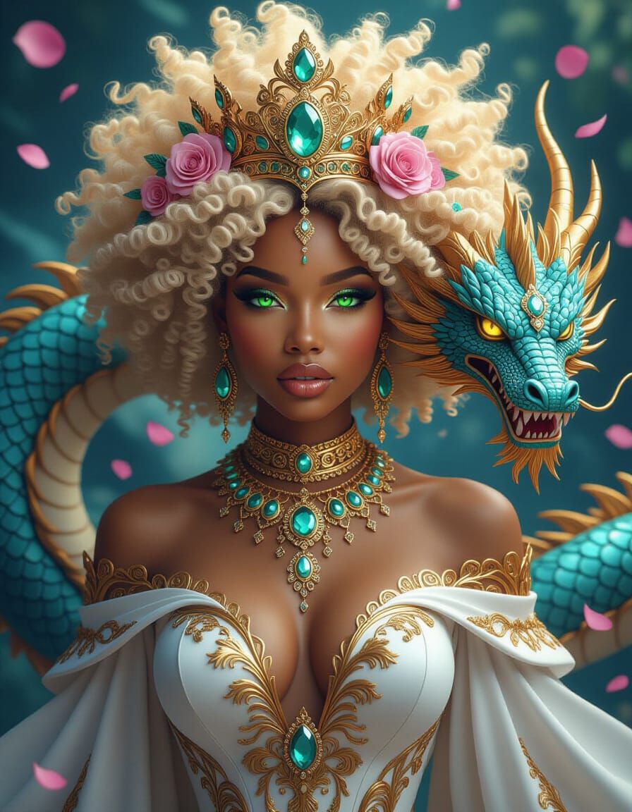 Majestic Woman with Dragon in Ethereal Art Nouveau Style