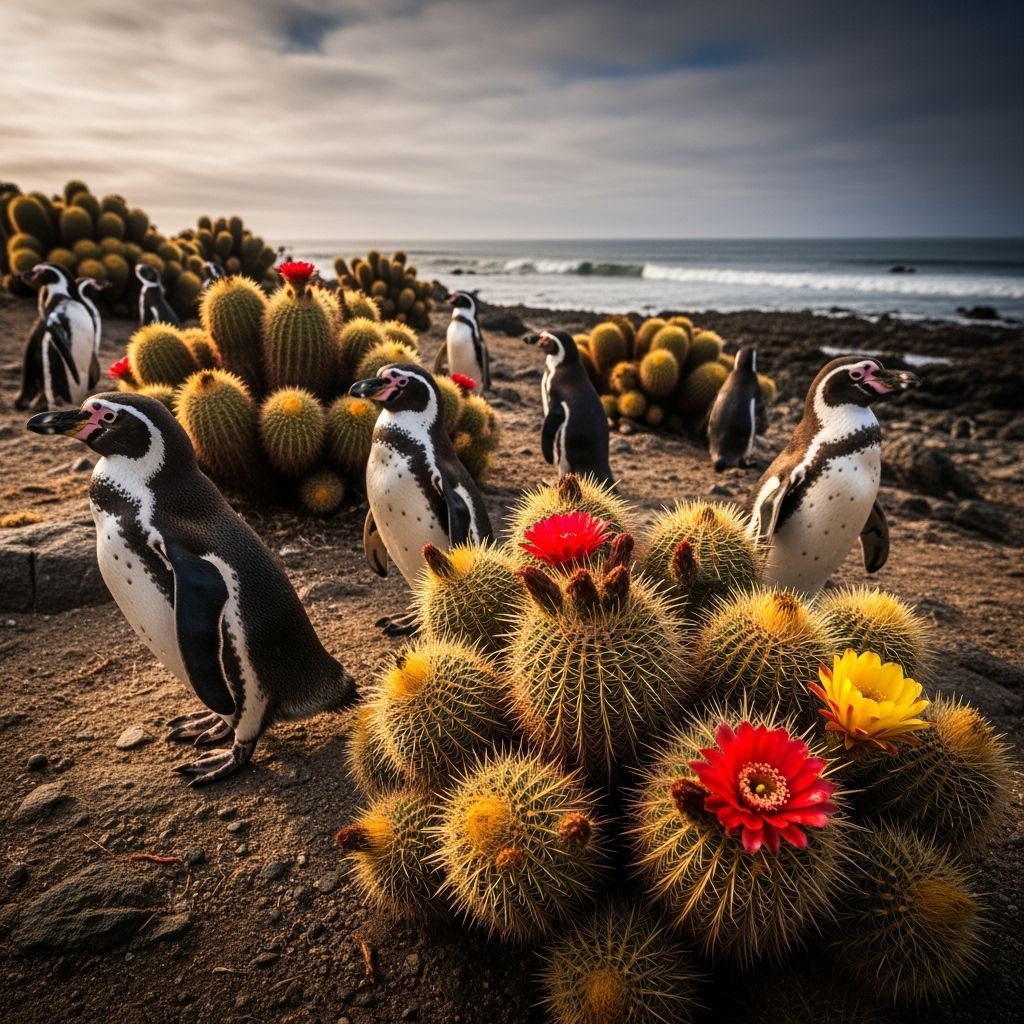Humboldt Penguins Amidst Blooming Chilean Cacti at Sunset