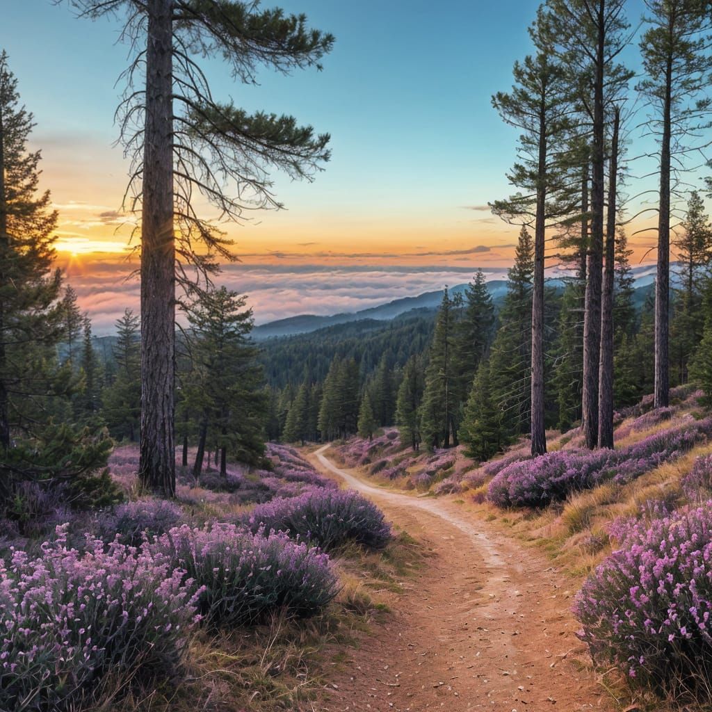 Majestic Twilight Landscape with Vibrant Blossoms