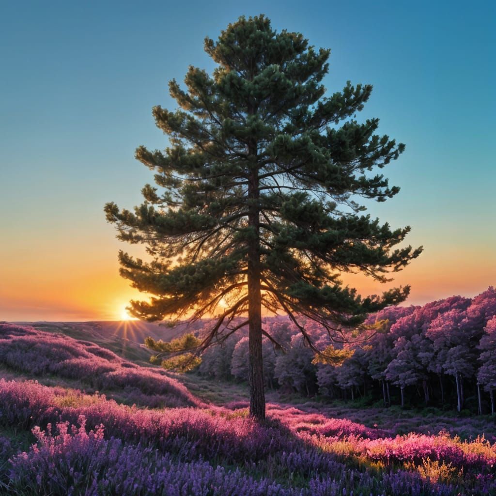 Majestic Twilight Landscape with Vibrant Blossoms