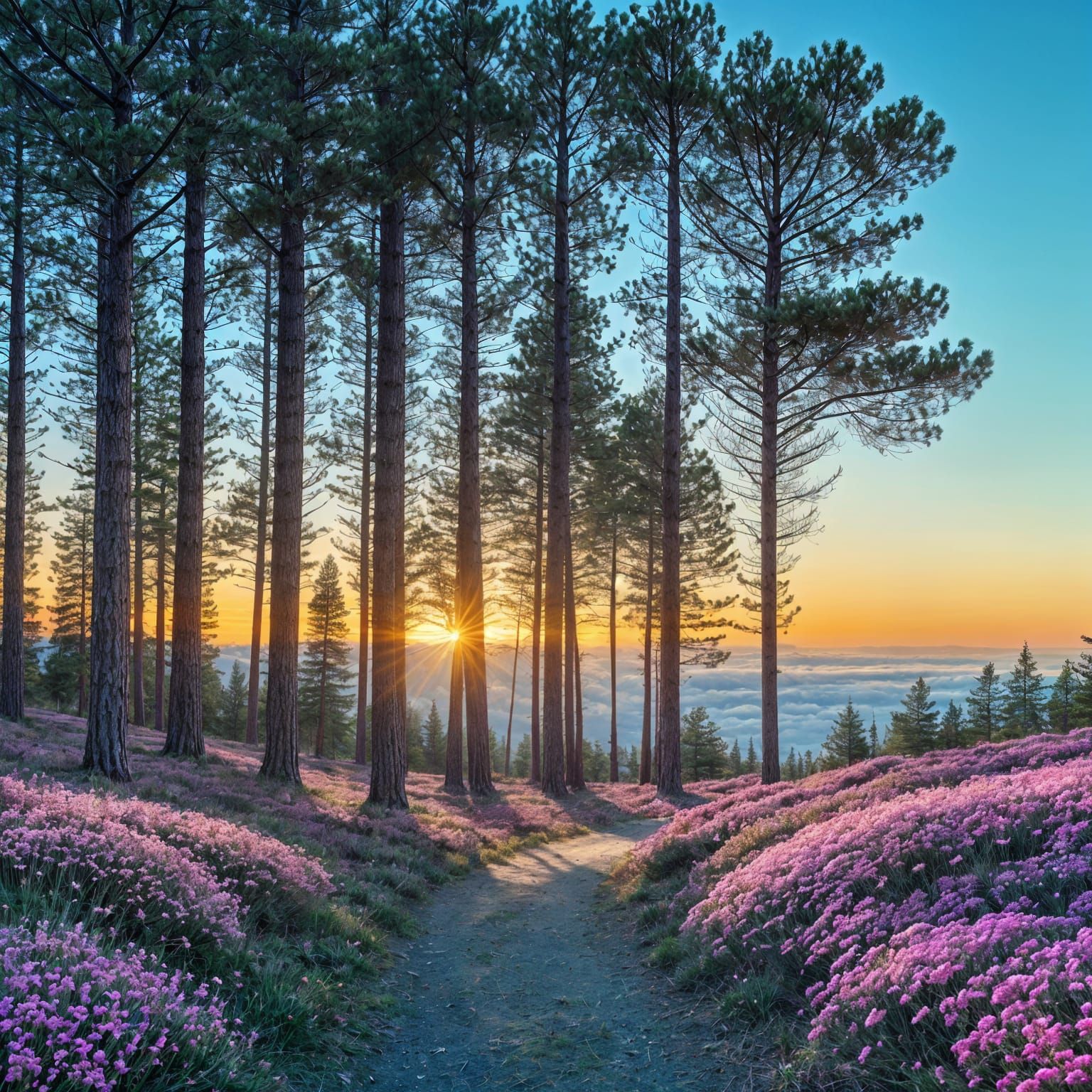 Majestic Twilight Landscape with Vibrant Blossoms