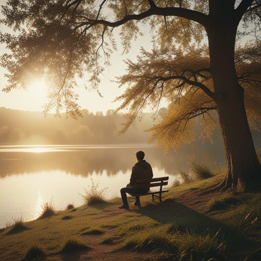 Person on Bench Overlooking Lake in Golden Hour