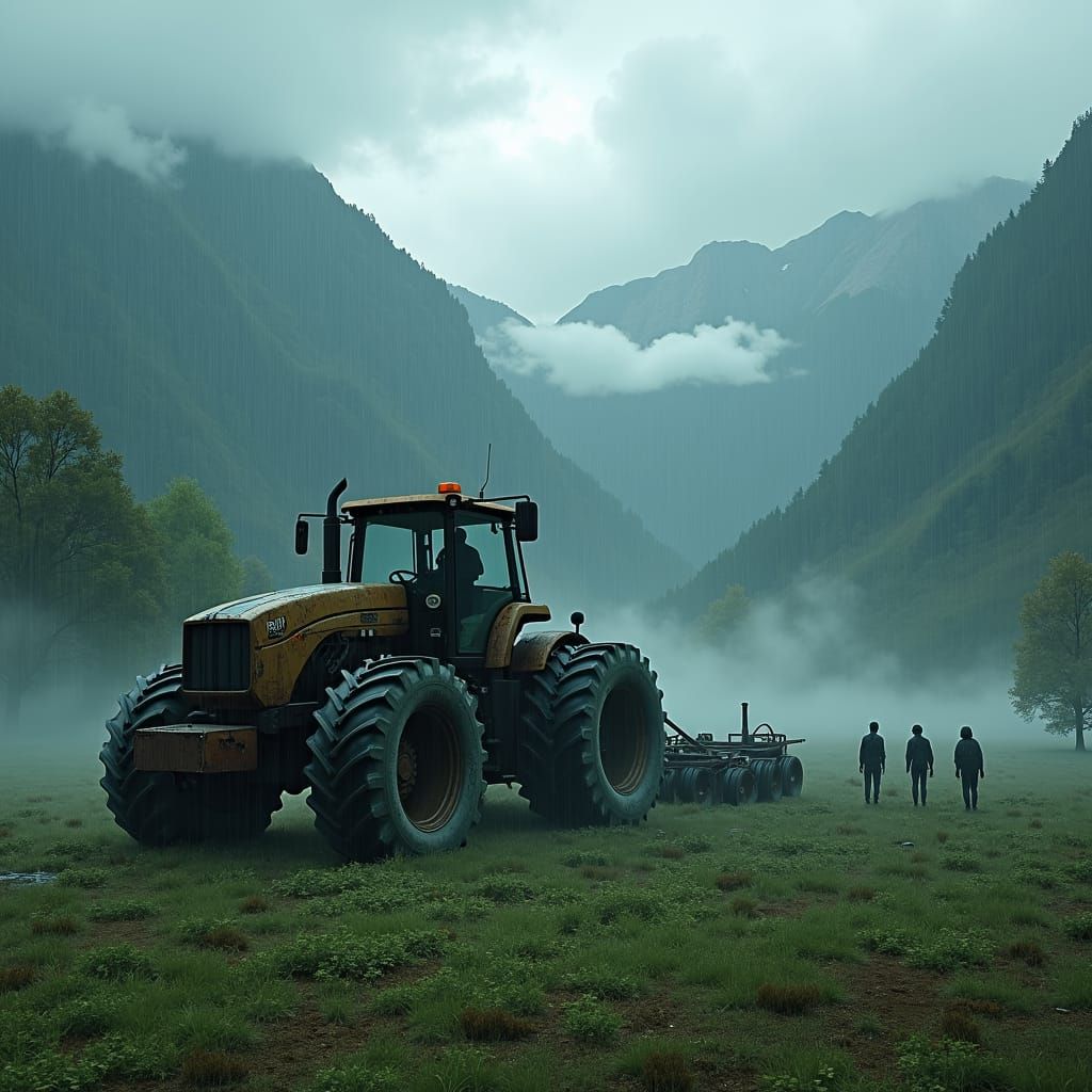Fantasy Tractor in Rainy Field Concept Art