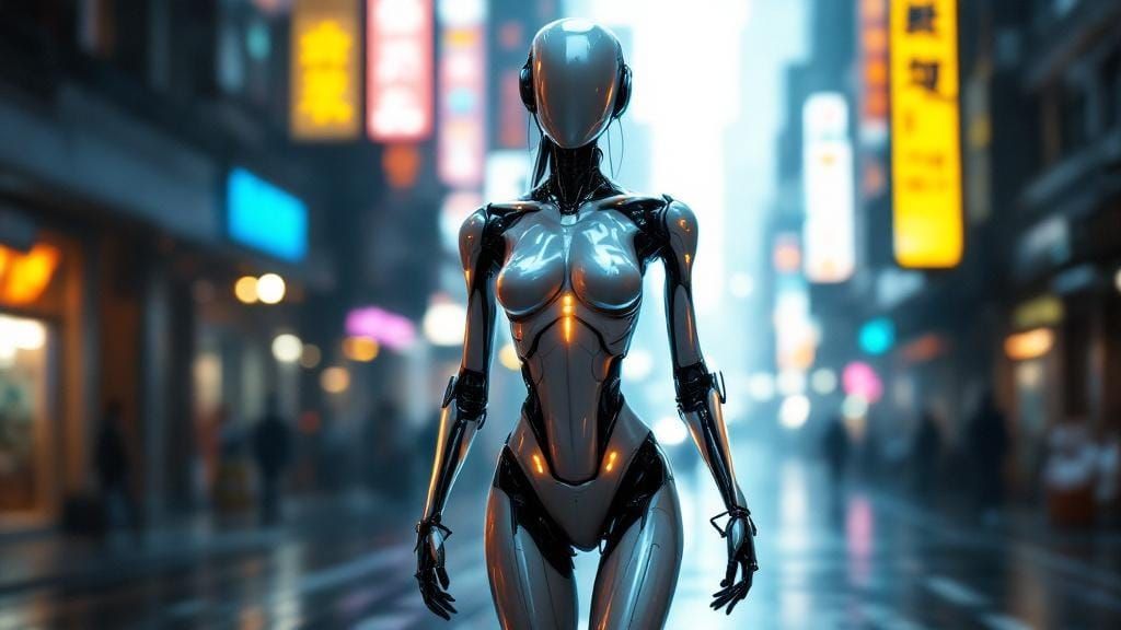 Futuristic Robot Woman in Cyberpunk Cityscape