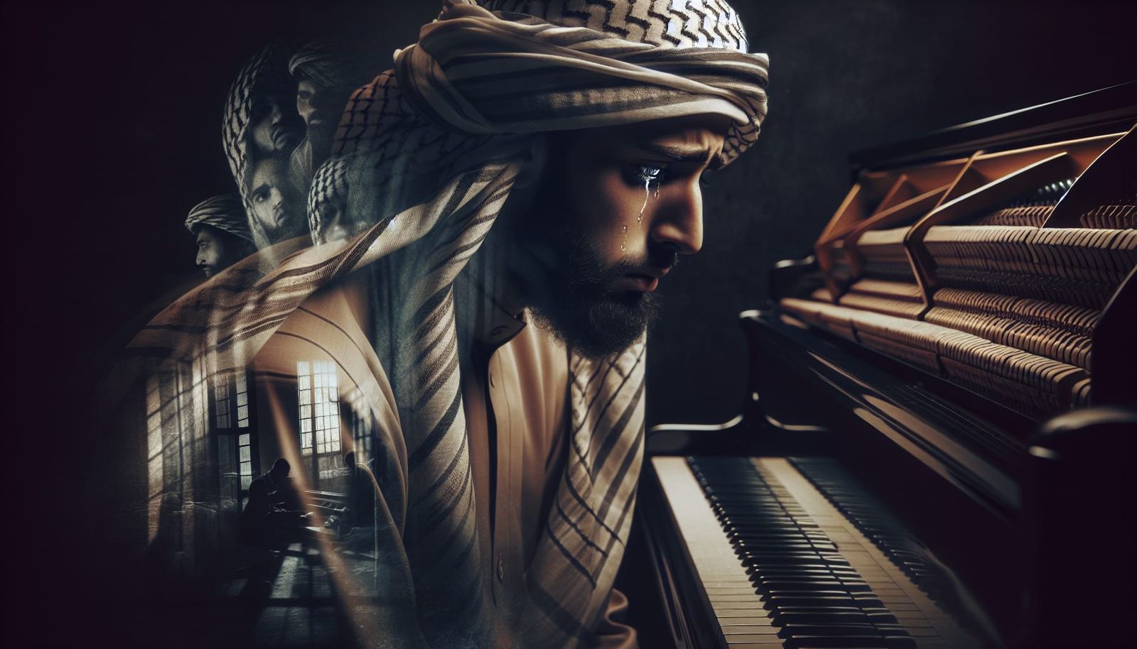 Melancholic Pianist in Double Exposure