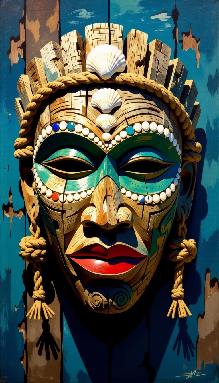 Driftwood Mask with Shell Inlays and Nautical Knots