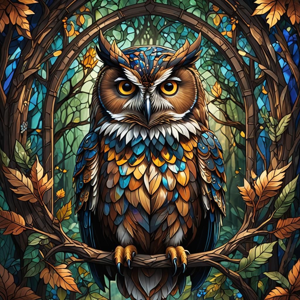 Stained Glass Owl Portrait in Forest, Nocturnal Theme