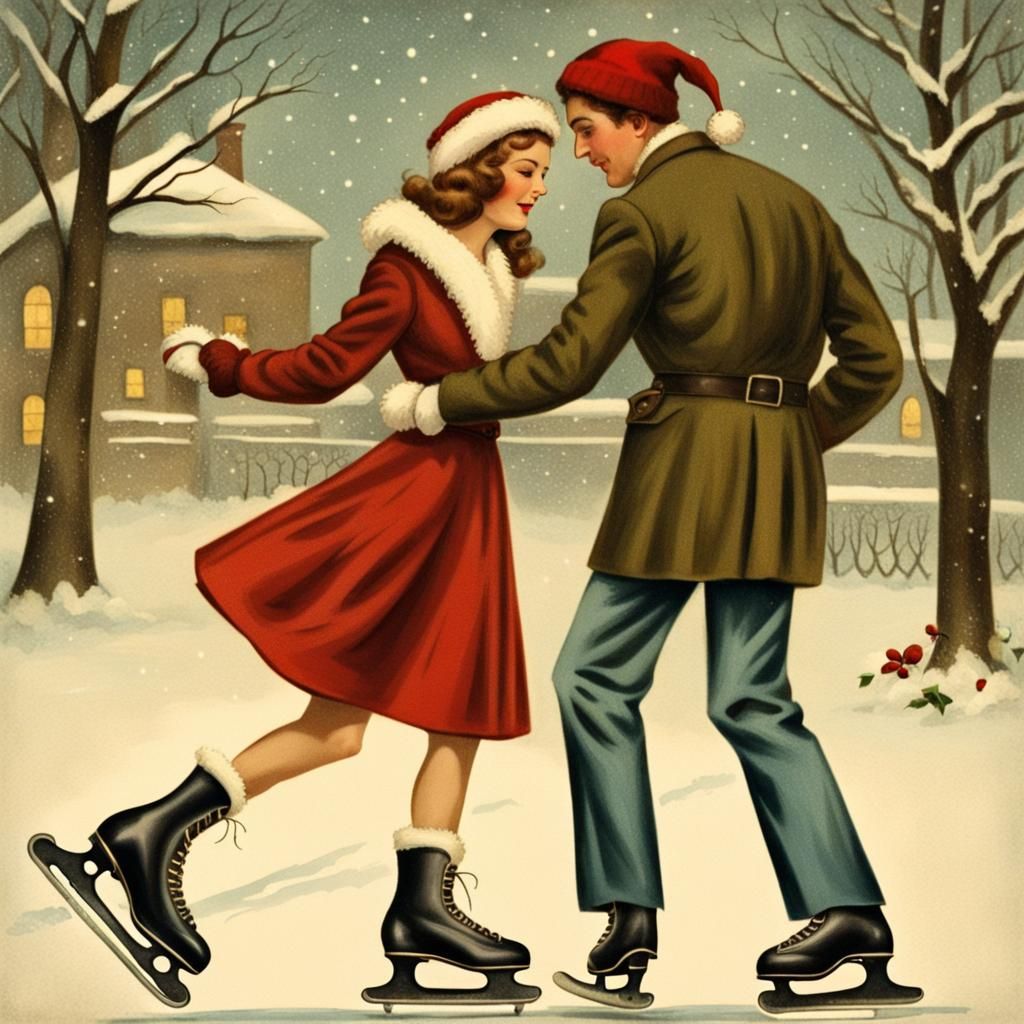 Romantic Couple Skating on Christmas Eve