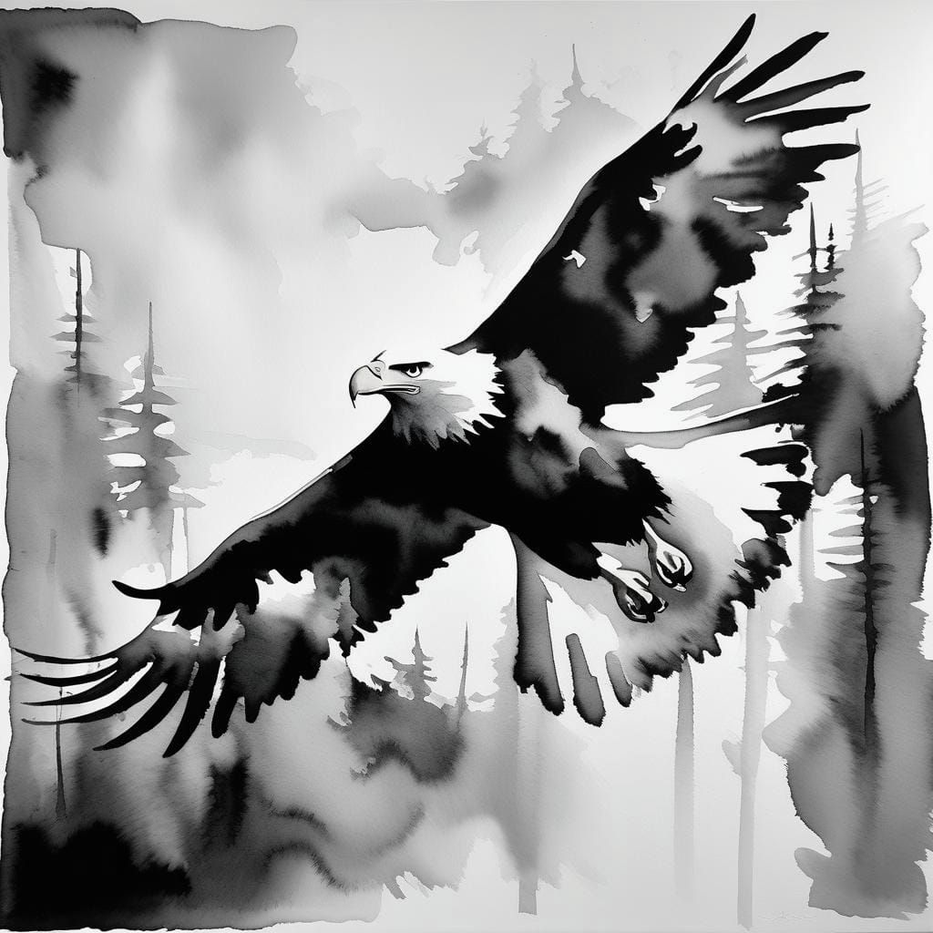 Eagle in Flight: Abstract Black and White Watercolor
