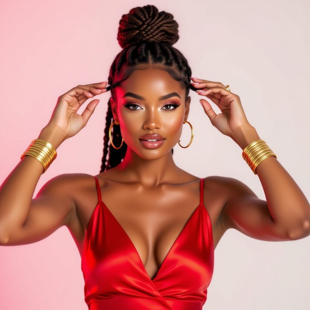 Black Woman in Red Silk Dress Under Neon Light