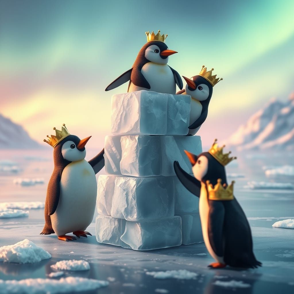Penguins Building Ice Fort Under Aurora