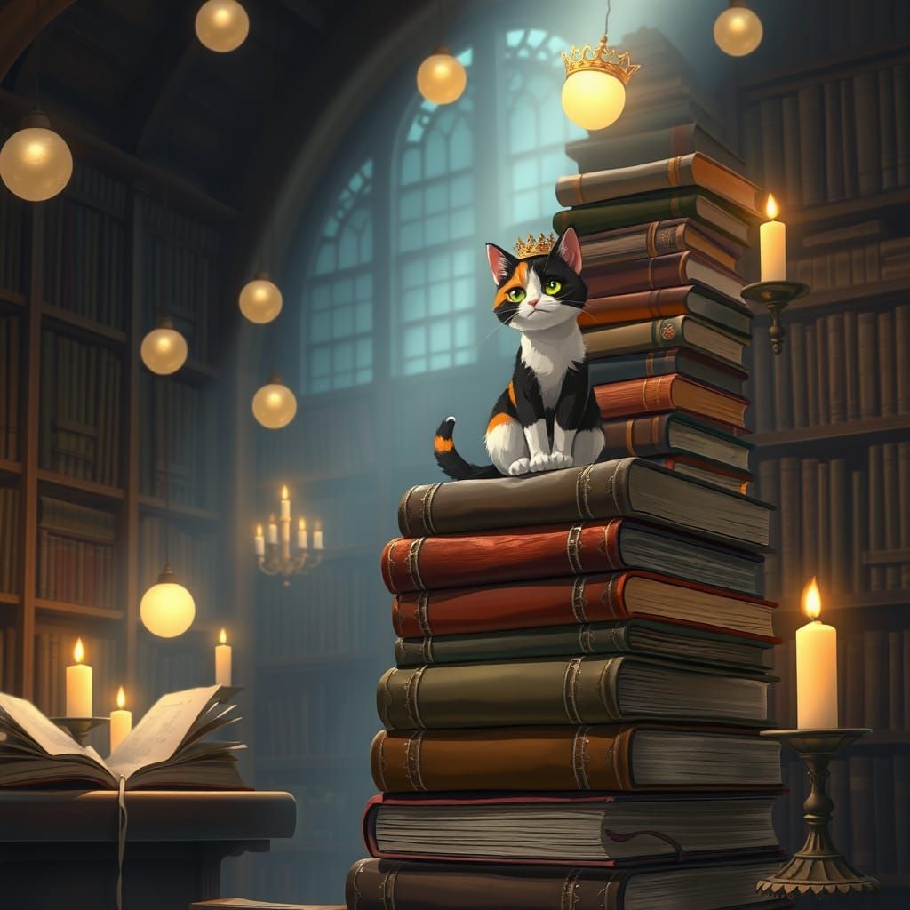 Calico Cat in Library, Ghibli-Inspired Art