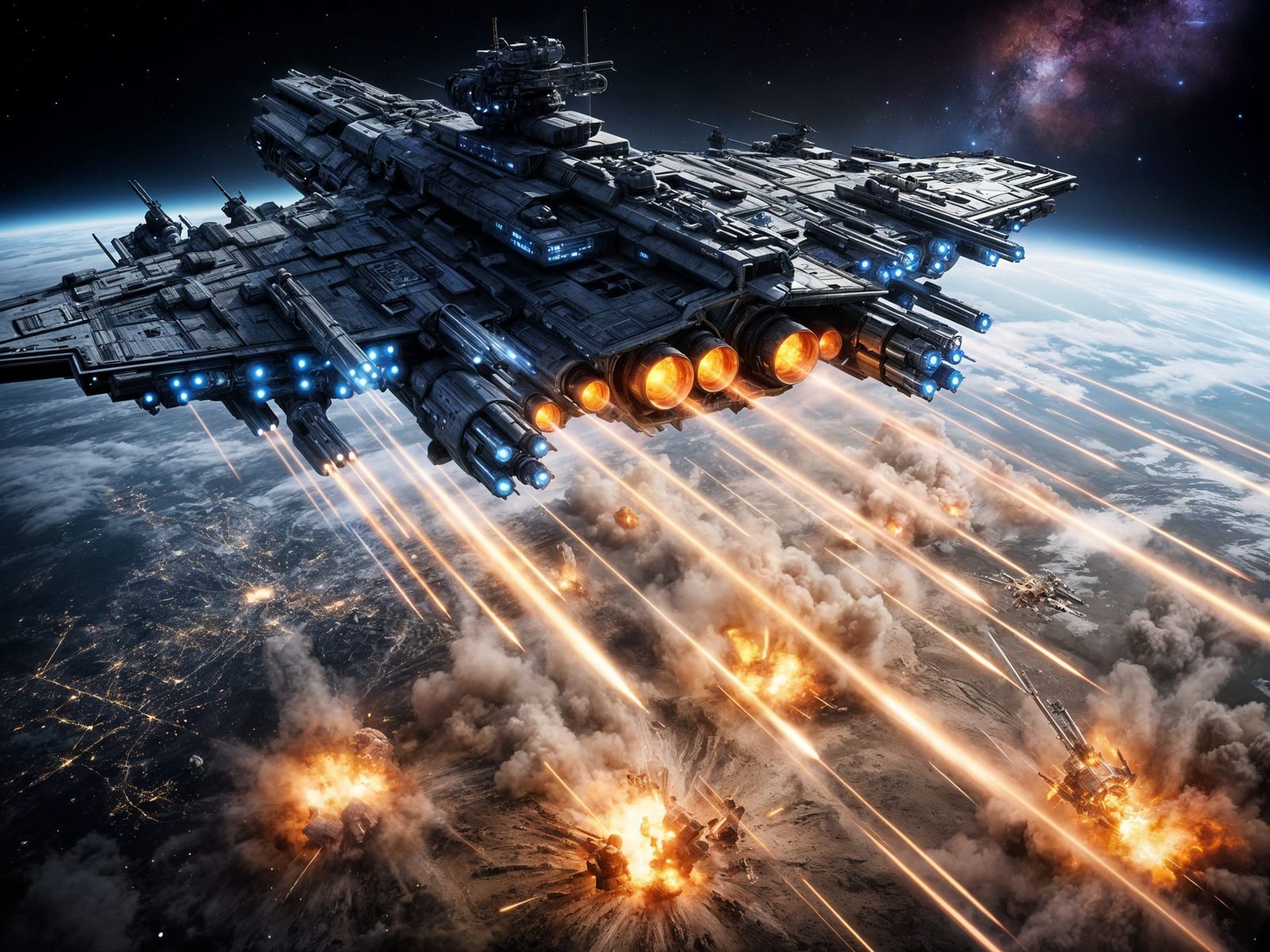 Starship Bombarding Planet Surface from Orbit