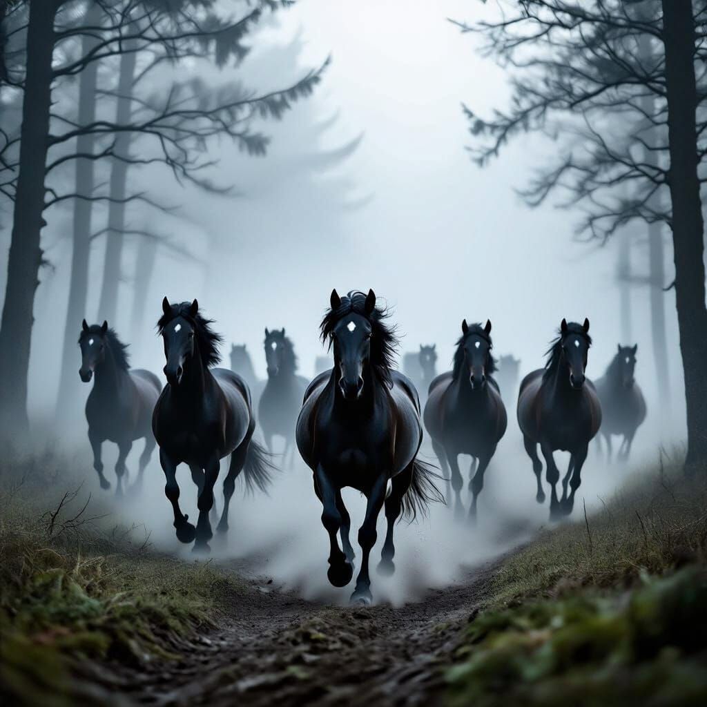 Majestic Black Horses Galloping Through Foggy Forest
