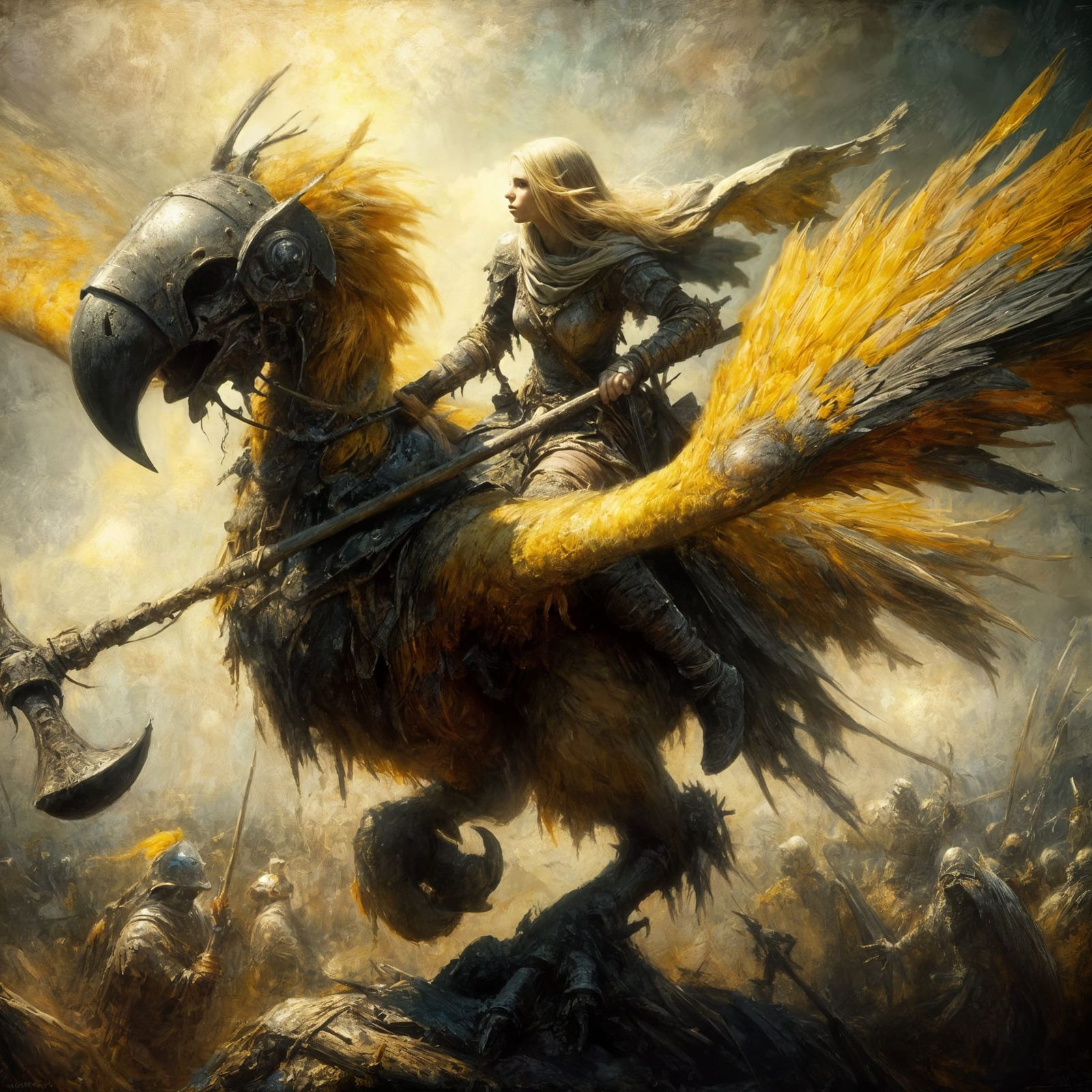 Medieval Warrior Rides Armored Bird into Battle