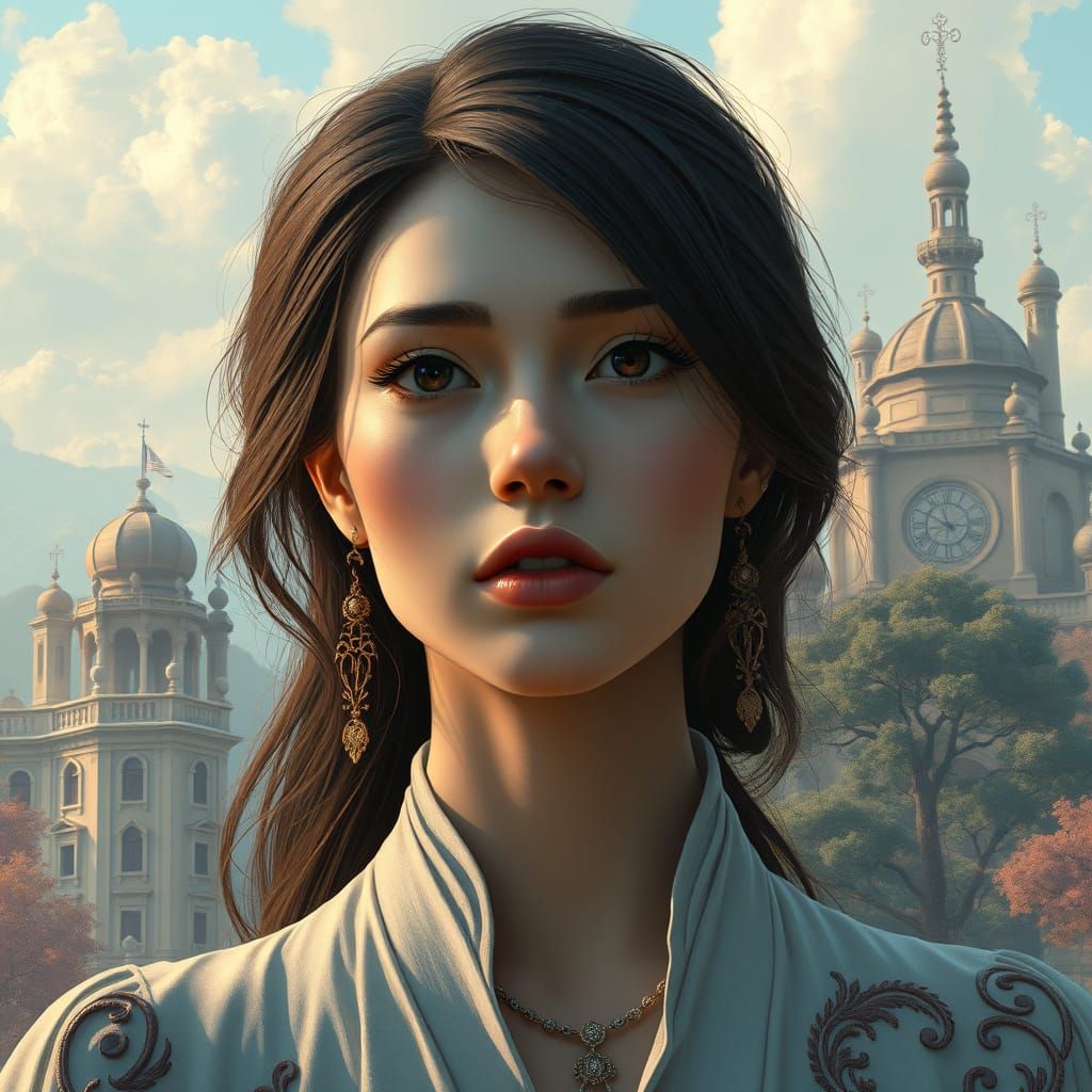 A cinematic medium shot of a breathtaking moody oil painting by Julius Leblanc Stewart. The painting is a pastel-colored...