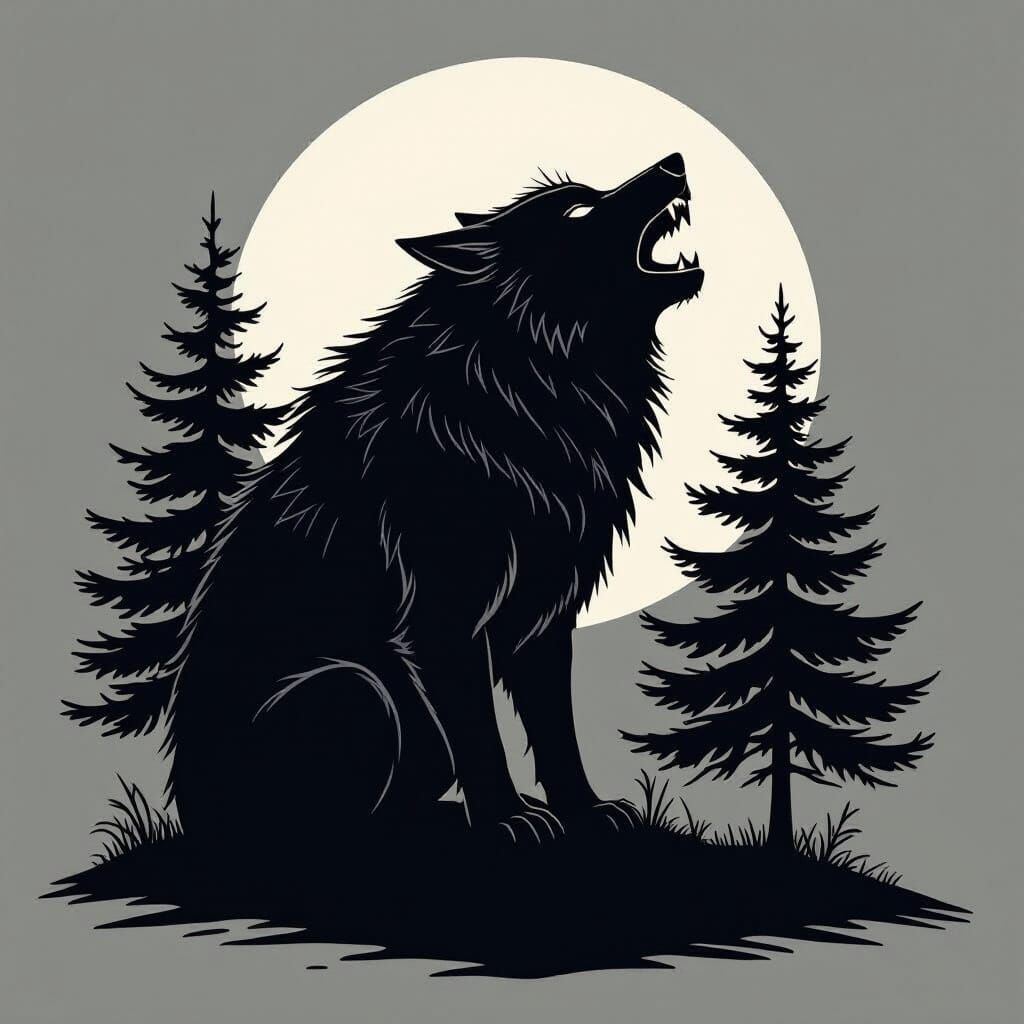 Werewolf Silhouette Tattoo Design in Black and Grey