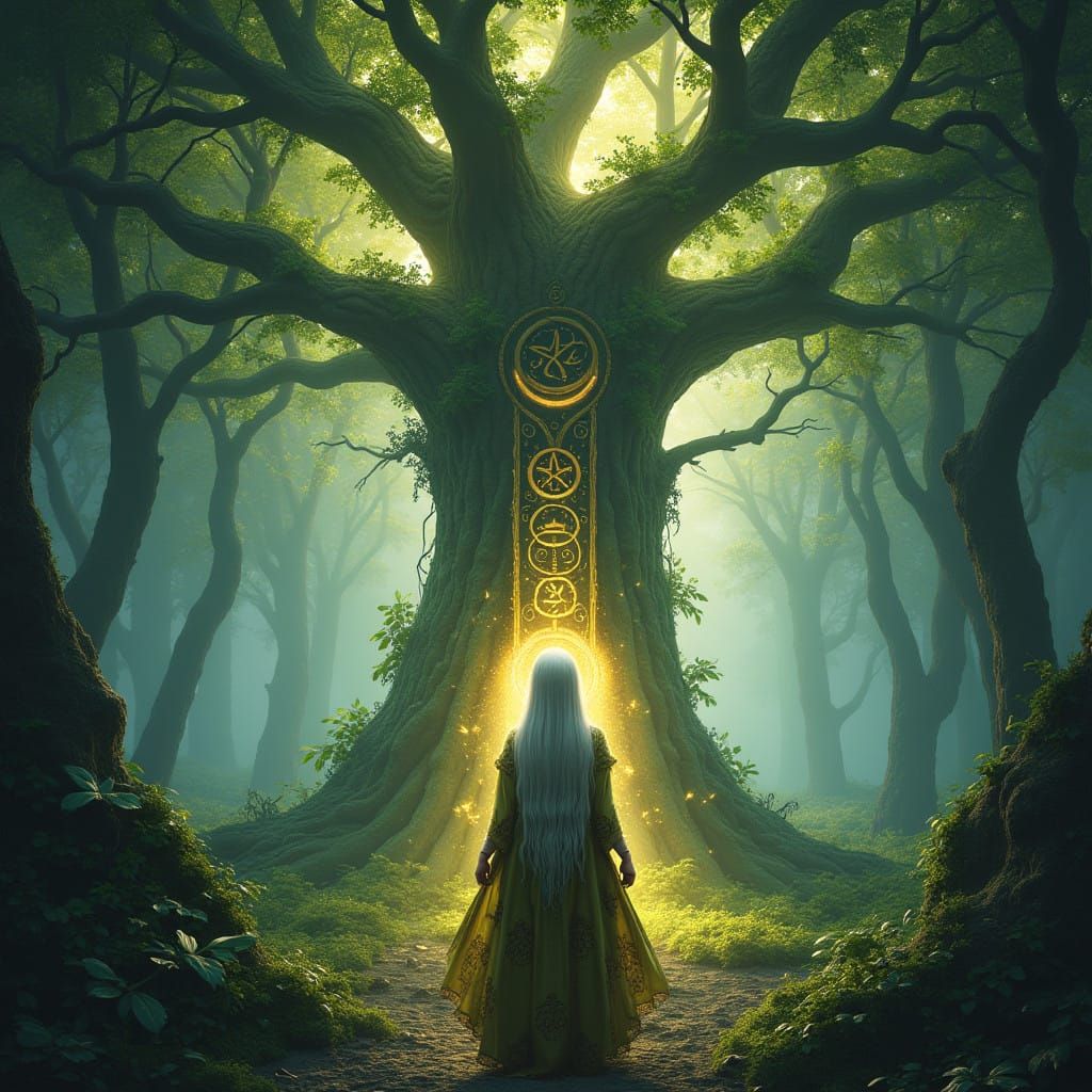 Mystical Druidess Amidst a Glowing Tree of Life in a Vibrant...