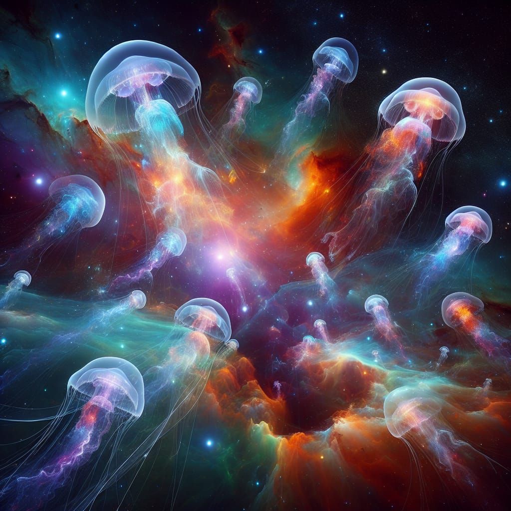 Iridescent Space Jellyfish Drifting Through Nebula