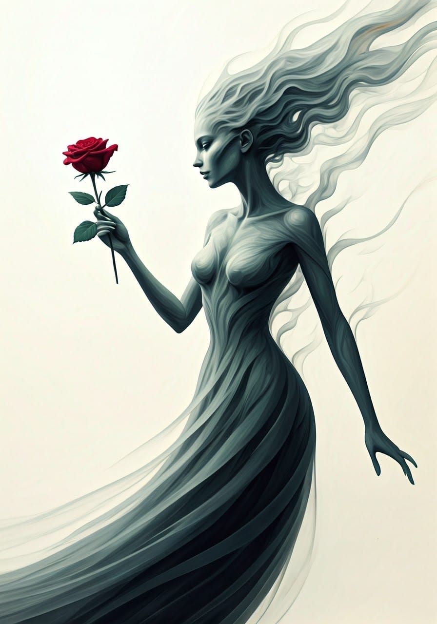 Ethereal Lady Offers Enchanted Rose in Soft Dreamscapes