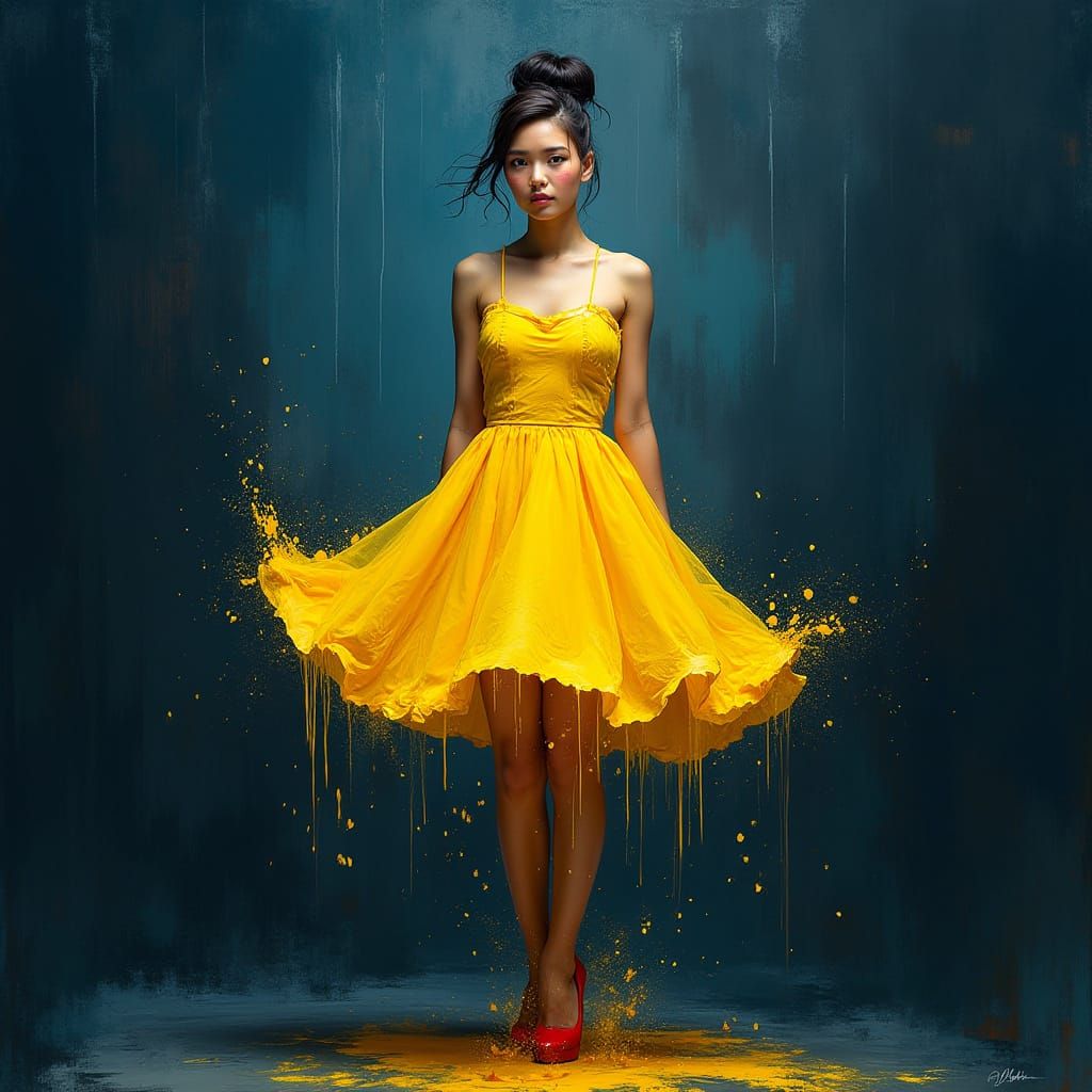 Woman in Splatter Paint Dress: Expressionist Digital Paintin...
