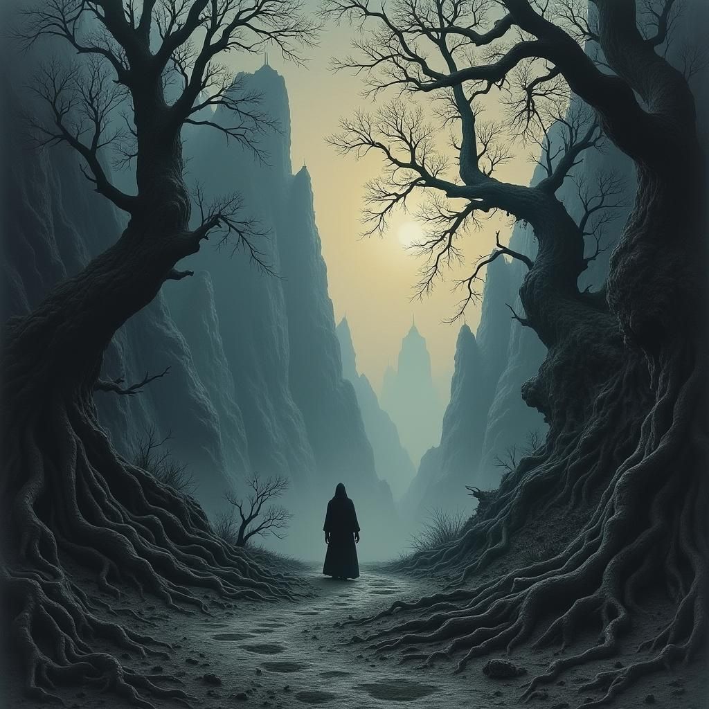 Eerie Hooded Figure in Gothic Landscape