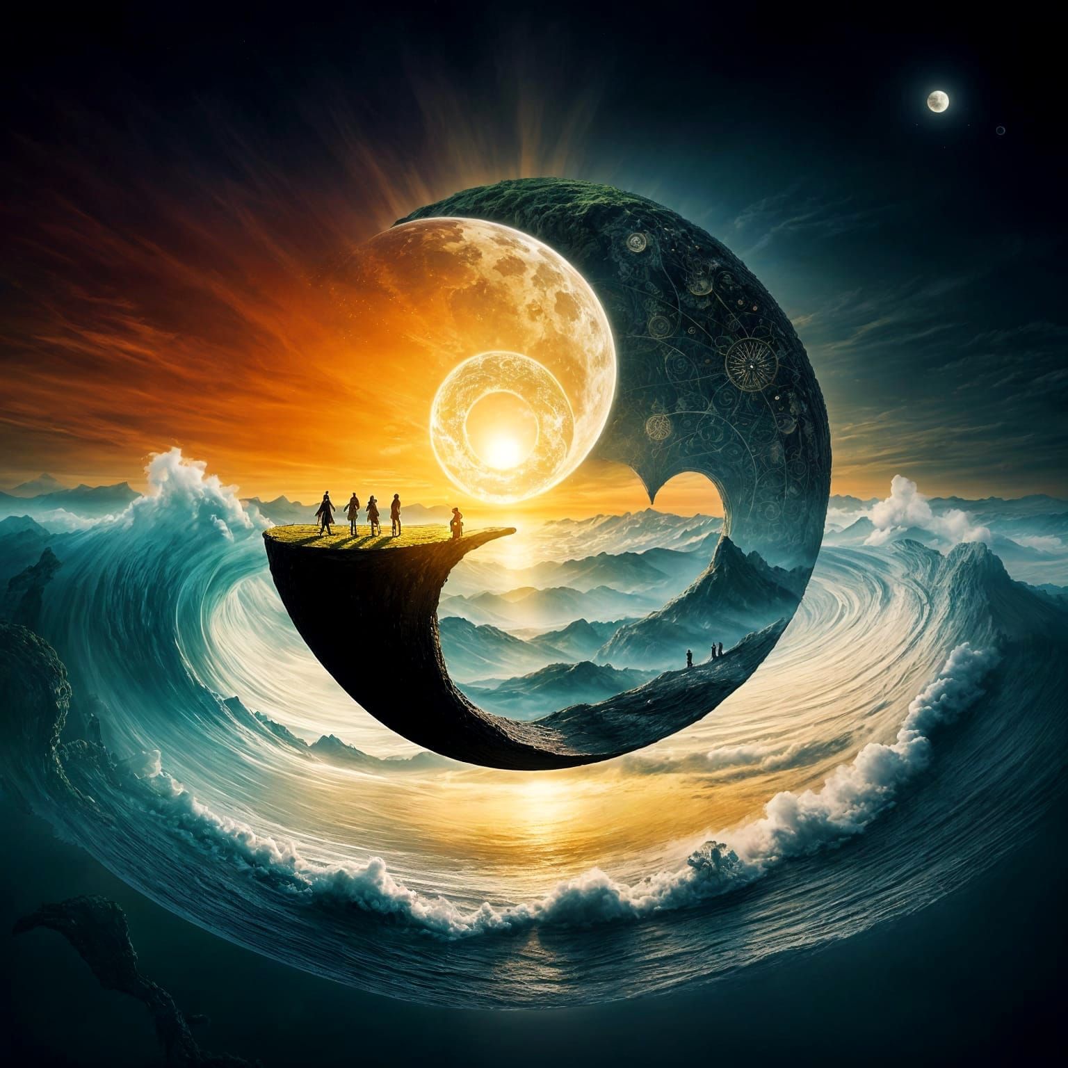 Surreal Yin Yang Sun Moon on Vibrant Beach Sunset