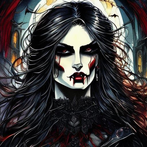 Gothic Vampires Embrace in Dark Fantasy Oil Painting