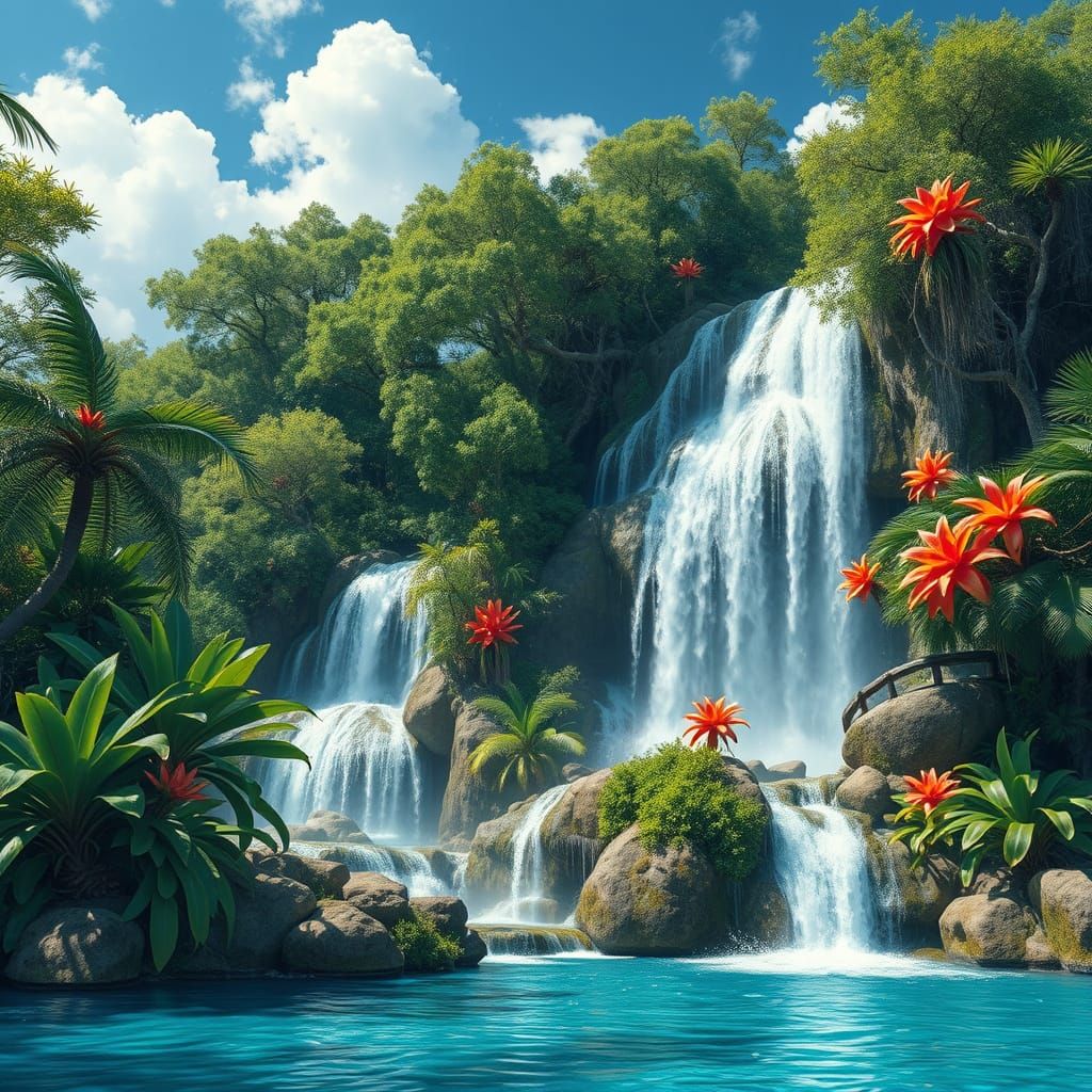 Serenity in Paradise: Tropical Waterfall in Vibrant Colors