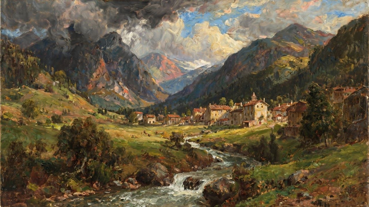 Mountain Town in Valley: A Painterly Chiaroscuro Scene