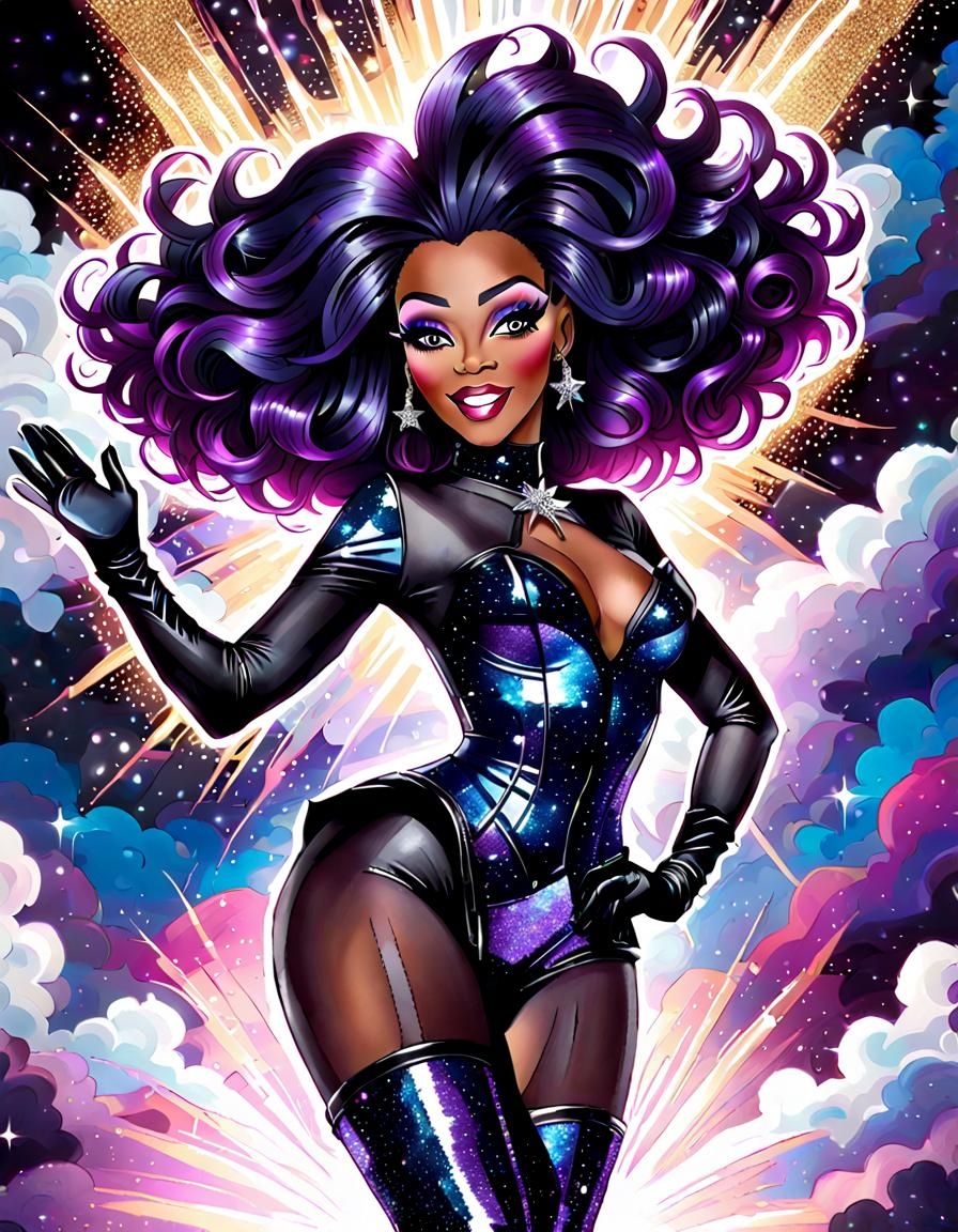 Joyful Galaxy Drag Queen Dancing in Black Landscape
