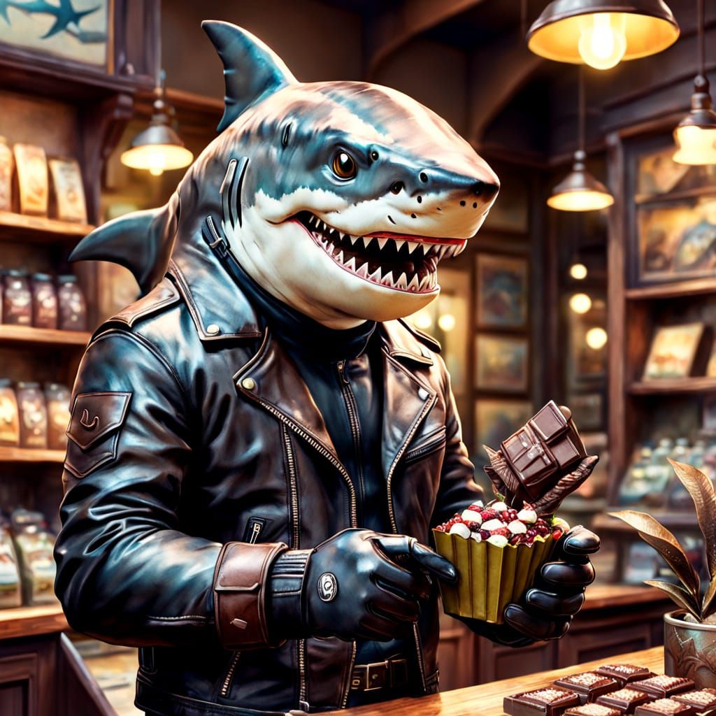 Badass Shark Biker in Chocolate Shop, Comic Book Style