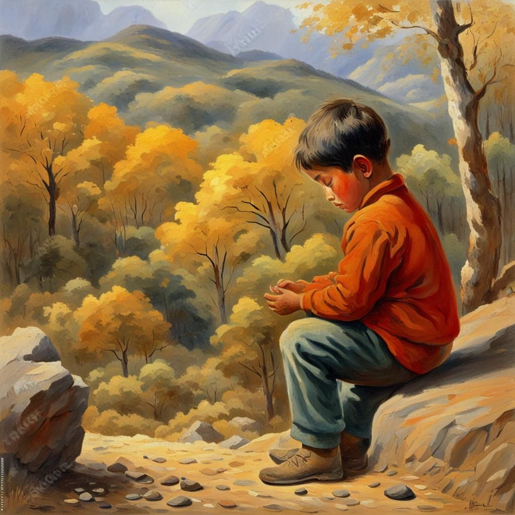 Child with Glowing Stone in Golden Hour Forest