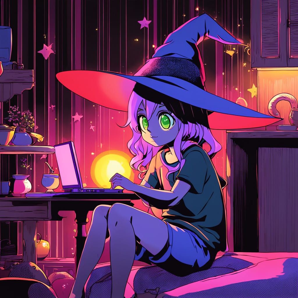 Enchanting Witch Woman in Cozy Kitchen with Laptop and Borsc...